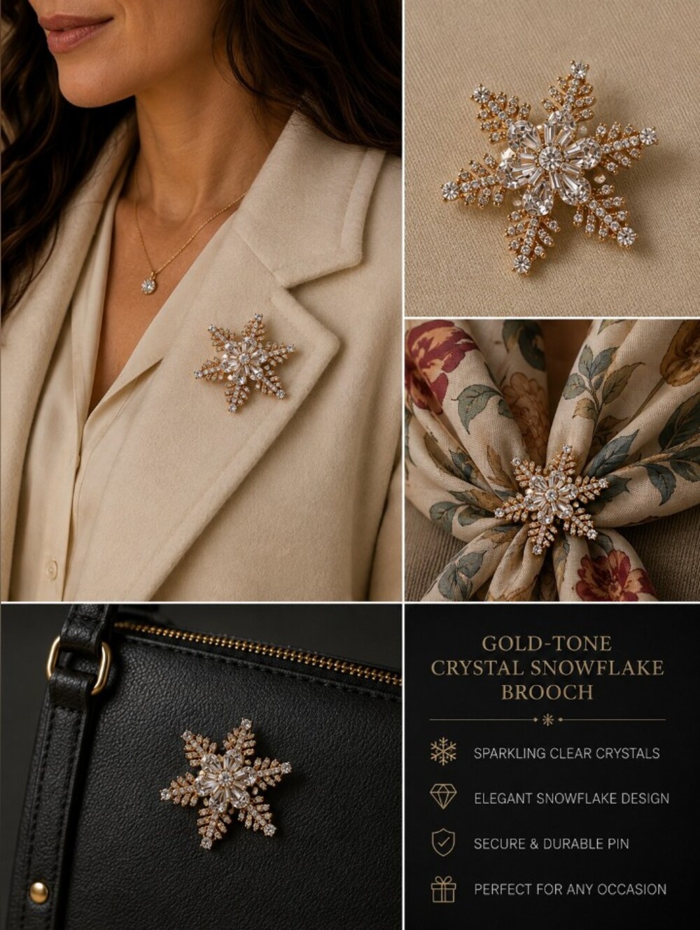 Gold-Tone Crystal Snowflake Brooch - Elegant Clear Crystals